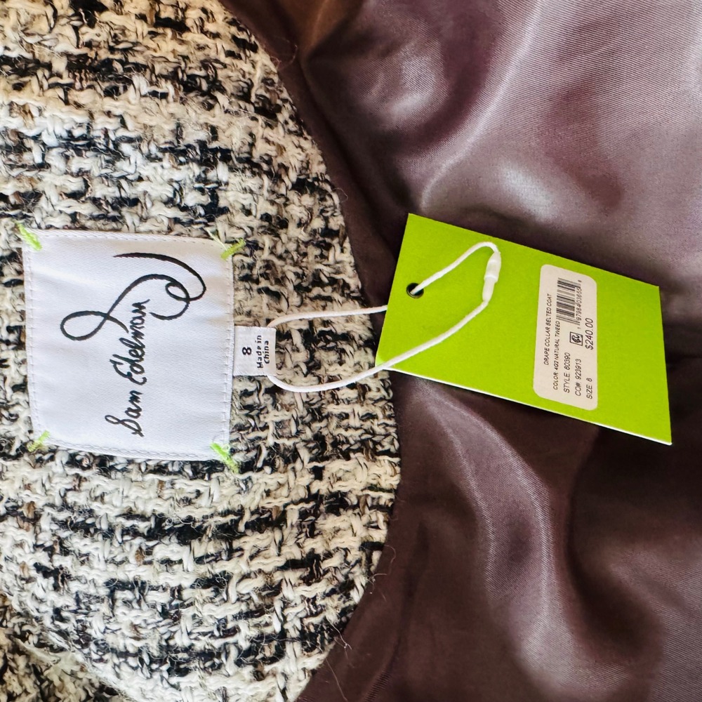 Sam Edelman Tweed Drape Lapel Wrap Coat, Natural Tweed, Black Gray Size 8, NWT - Picture 15 of 15